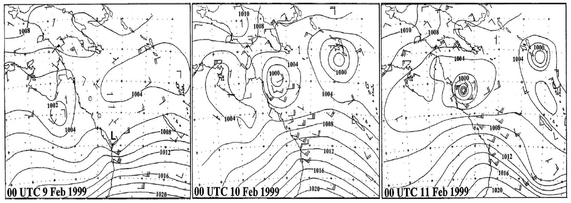 Mean sea level pressure analyses with wind observations from 9 February 1999